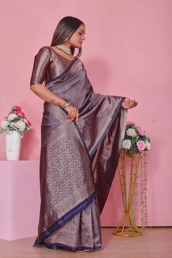 Peach_&_Pink_Banarasi-Style_Soft_Silk_Saree_|_Peach_And_Pink_With_Navy_Blue_Border_|_Vintage_Style,_Festival_Wear,_With_Blouse_Piece