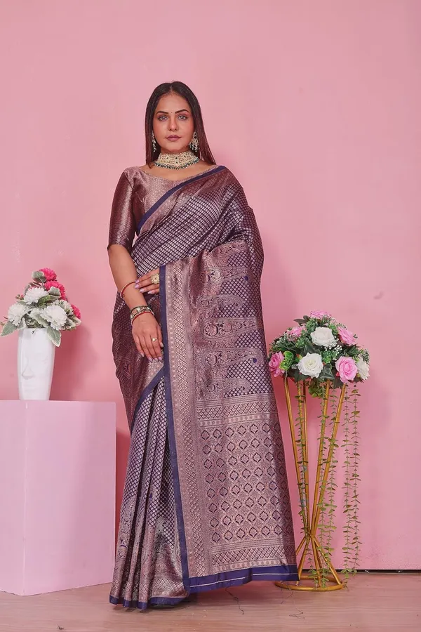Peach_&_Pink_Banarasi-Style_Soft_Silk_Saree_|_Peach_And_Pink_With_Navy_Blue_Border_|_Vintage_Style,_Festival_Wear,_With_Blouse_Piece