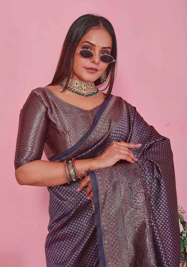 Peach_&_Pink_Banarasi-Style_Soft_Silk_Saree_|_Peach_And_Pink_With_Navy_Blue_Border_|_Vintage_Style,_Festival_Wear,_With_Blouse_Piece
