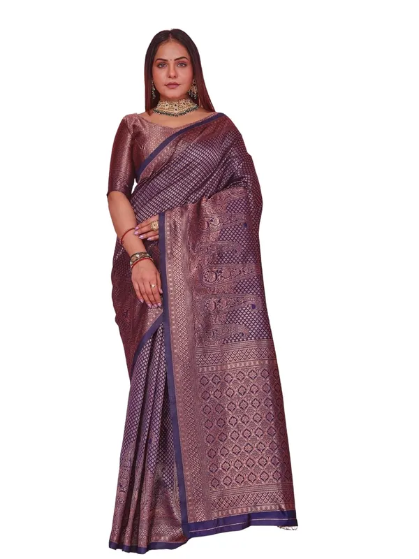 Peach_&_Pink_Banarasi-Style_Soft_Silk_Saree_|_Peach_And_Pink_With_Navy_Blue_Border_|_Vintage_Style,_Festival_Wear,_With_Blouse_Piece