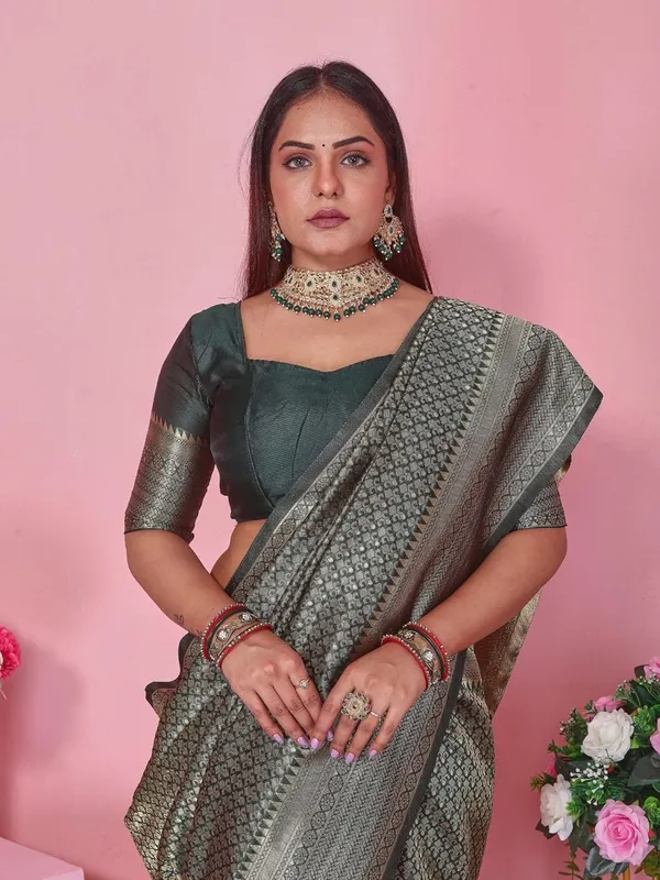 Bottle_Green_Banarasi-Style_Soft_Silk_Saree_With_Golden_Zari_Weaving_&_Matching_Blouse_Piece_Elegant_Bottle_Green_Saree_For_Wedding