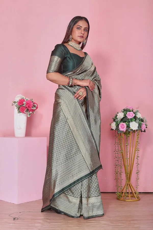 Bottle_Green_Banarasi-Style_Soft_Silk_Saree_With_Golden_Zari_Weaving_&_Matching_Blouse_Piece_Elegant_Bottle_Green_Saree_For_Wedding