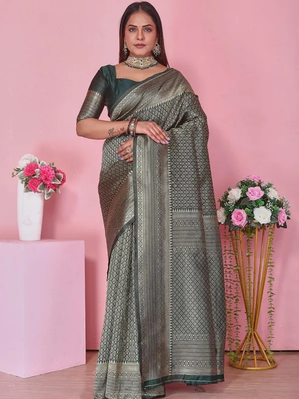 Bottle_Green_Banarasi-Style_Soft_Silk_Saree_With_Golden_Zari_Weaving_&_Matching_Blouse_Piece_Elegant_Bottle_Green_Saree_For_Wedding