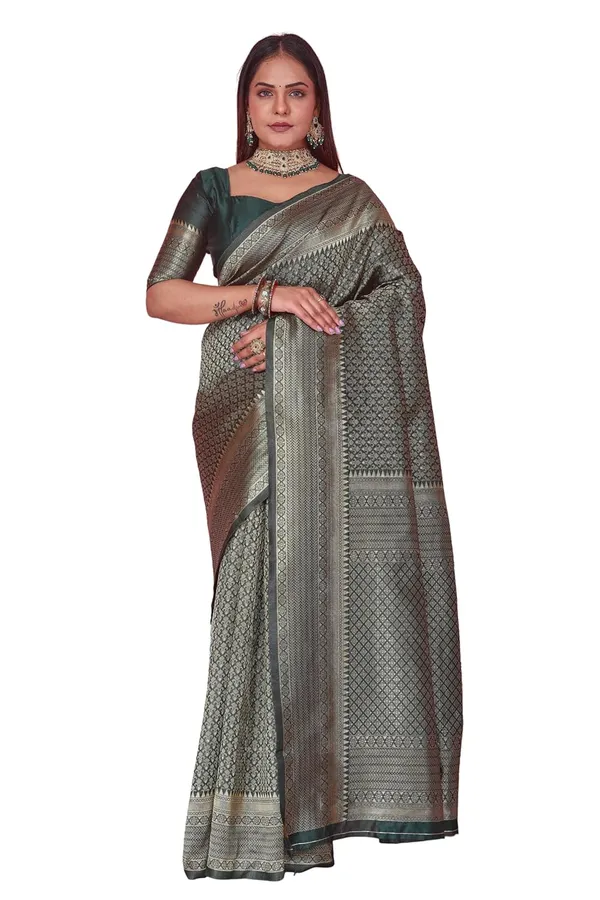 Bottle_Green_Banarasi-Style_Soft_Silk_Saree_With_Golden_Zari_Weaving_&_Matching_Blouse_Piece_Elegant_Bottle_Green_Saree_For_Wedding