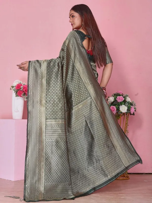 Bottle_Green_Banarasi-Style_Soft_Silk_Saree_With_Golden_Zari_Weaving_&_Matching_Blouse_Piece_Elegant_Bottle_Green_Saree_For_Wedding