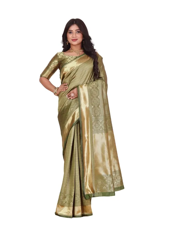 Olive_Gold_Banarasi-Style_Soft_Silk_Saree_With_Rich_Pallu_&_Blouse_Piece_|_Olive_Gold,_Metallic_Border