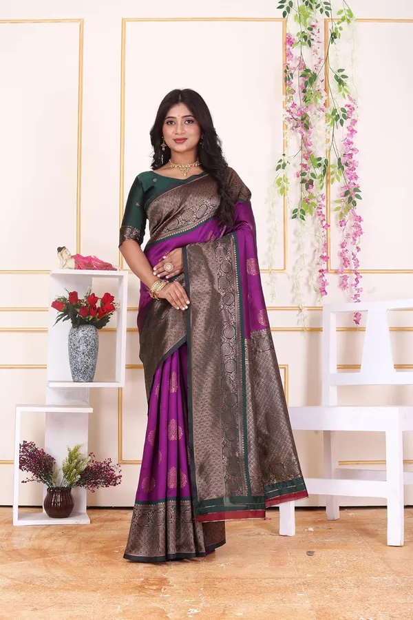 Purple_&_Coffee_Brown_Kanjivaram_Soft_Silk_Saree_In_Purple_&_Coffee_Brown_With_Rich_Copper_Zari_Weaving_And_Unstitched_Blouse_Piece