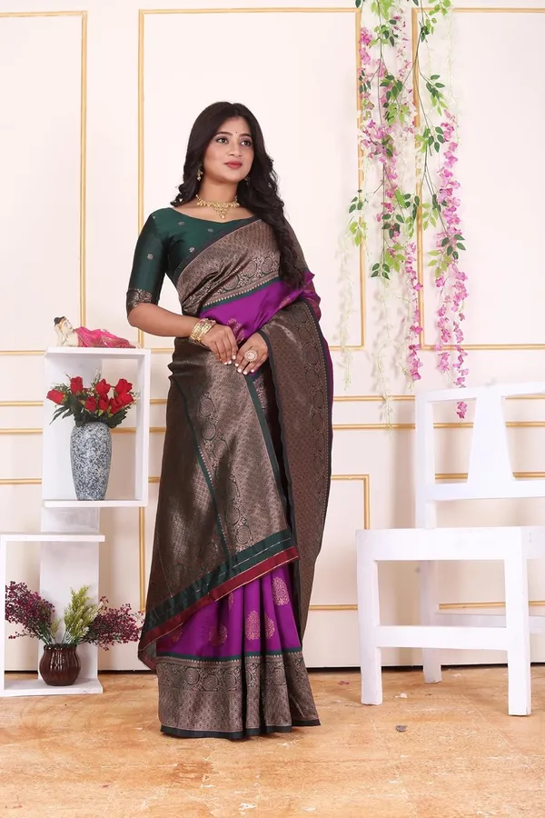 Purple_&_Coffee_Brown_Kanjivaram_Soft_Silk_Saree_In_Purple_&_Coffee_Brown_With_Rich_Copper_Zari_Weaving_And_Unstitched_Blouse_Piece