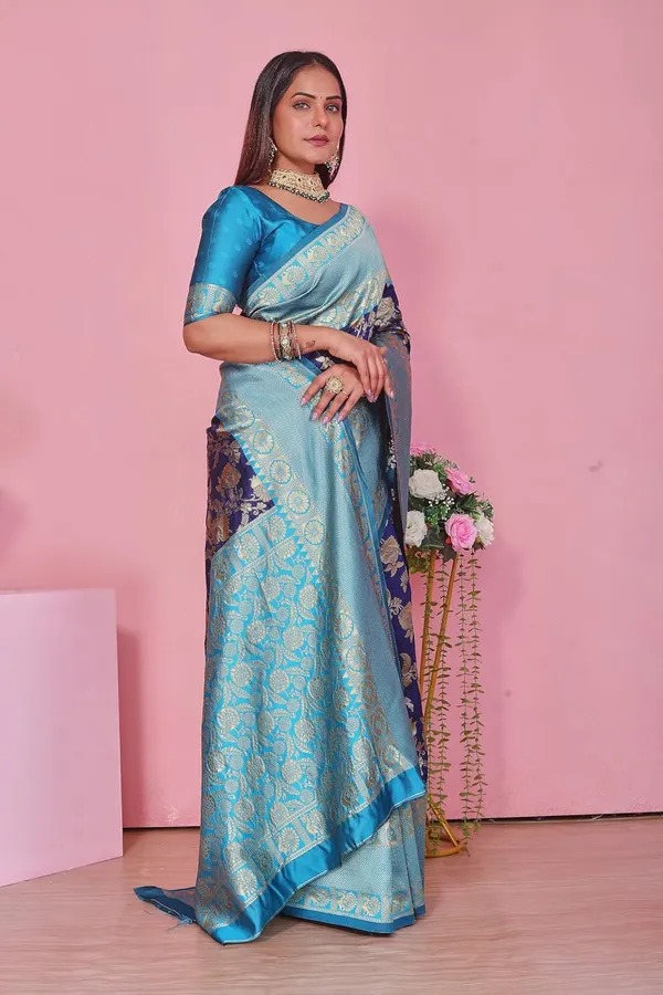 Sky_Blue_&_Royal_Blue_Kanjivaram_Soft_Silk_Saree_For_Women_Sky_Blue_&_Royal_Blue_Saree_With_Rich_Zari_Border_And_Blouse_Piece