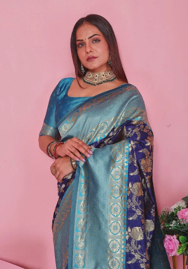 Sky_Blue_&_Royal_Blue_Kanjivaram_Soft_Silk_Saree_For_Women_Sky_Blue_&_Royal_Blue_Saree_With_Rich_Zari_Border_And_Blouse_Piece