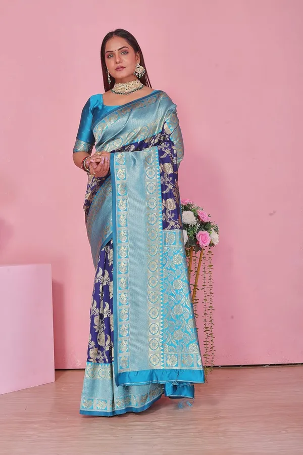Sky_Blue_&_Royal_Blue_Kanjivaram_Soft_Silk_Saree_For_Women_Sky_Blue_&_Royal_Blue_Saree_With_Rich_Zari_Border_And_Blouse_Piece
