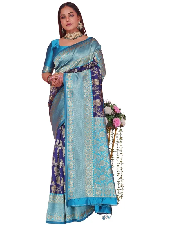Sky_Blue_&_Royal_Blue_Kanjivaram_Soft_Silk_Saree_For_Women_Sky_Blue_&_Royal_Blue_Saree_With_Rich_Zari_Border_And_Blouse_Piece