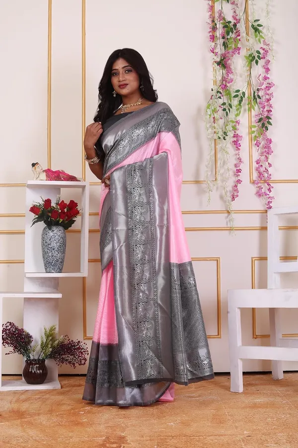 Pink_&_Silver_Kanjivaram_Soft_Silk_Saree_With_Silver_Zari_Border_&_Blouse_Piece