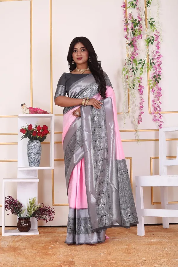 Pink_&_Silver_Kanjivaram_Soft_Silk_Saree_With_Silver_Zari_Border_&_Blouse_Piece