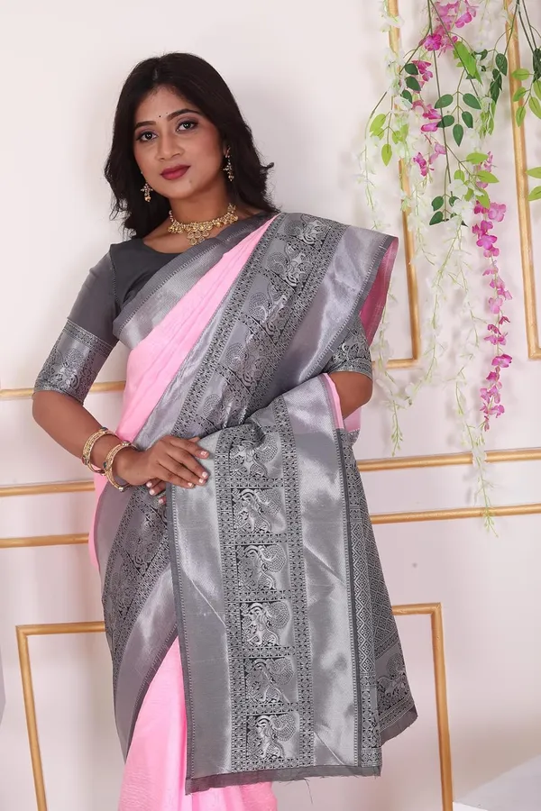 Pink_&_Silver_Kanjivaram_Soft_Silk_Saree_With_Silver_Zari_Border_&_Blouse_Piece