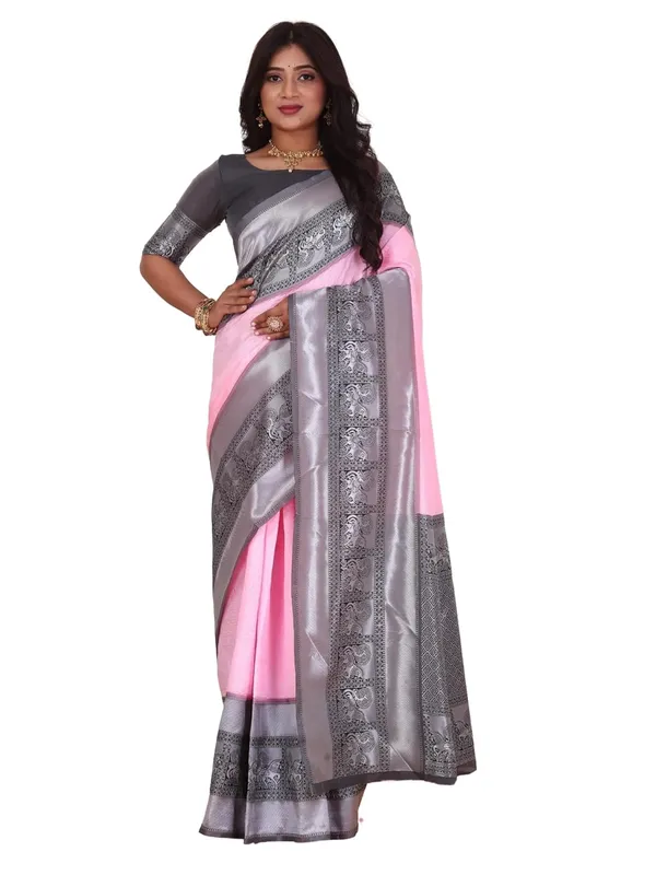 Pink_&_Silver_Kanjivaram_Soft_Silk_Saree_With_Silver_Zari_Border_&_Blouse_Piece
