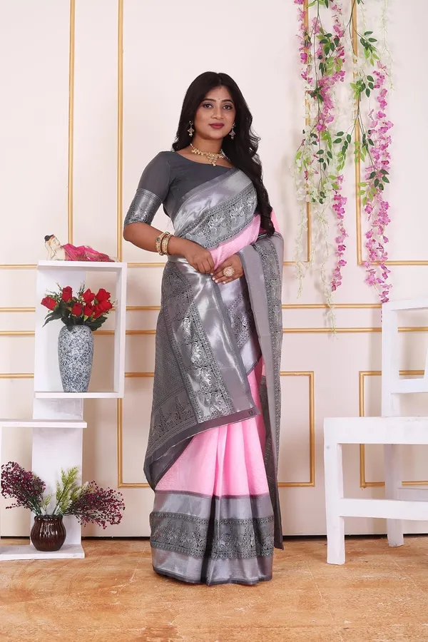 Pink_&_Silver_Kanjivaram_Soft_Silk_Saree_With_Silver_Zari_Border_&_Blouse_Piece
