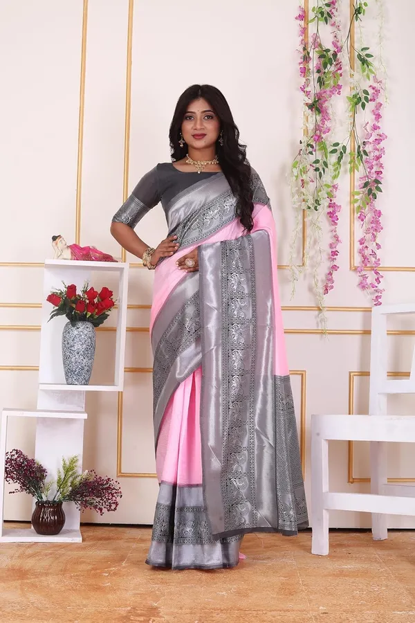 Pink_&_Silver_Kanjivaram_Soft_Silk_Saree_With_Silver_Zari_Border_&_Blouse_Piece