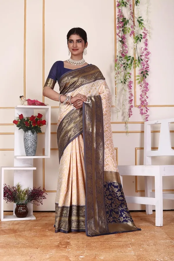 Cream_&_Navy_Blue_Kanjivaram_Soft_Silk_Saree_For_Women_Cream_&_Navy_Blue_Kanjivaram_Design_Rich_Zari_Border