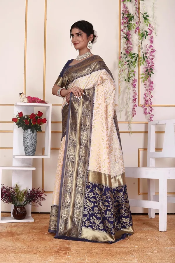 Cream_&_Navy_Blue_Kanjivaram_Soft_Silk_Saree_For_Women_Cream_&_Navy_Blue_Kanjivaram_Design_Rich_Zari_Border
