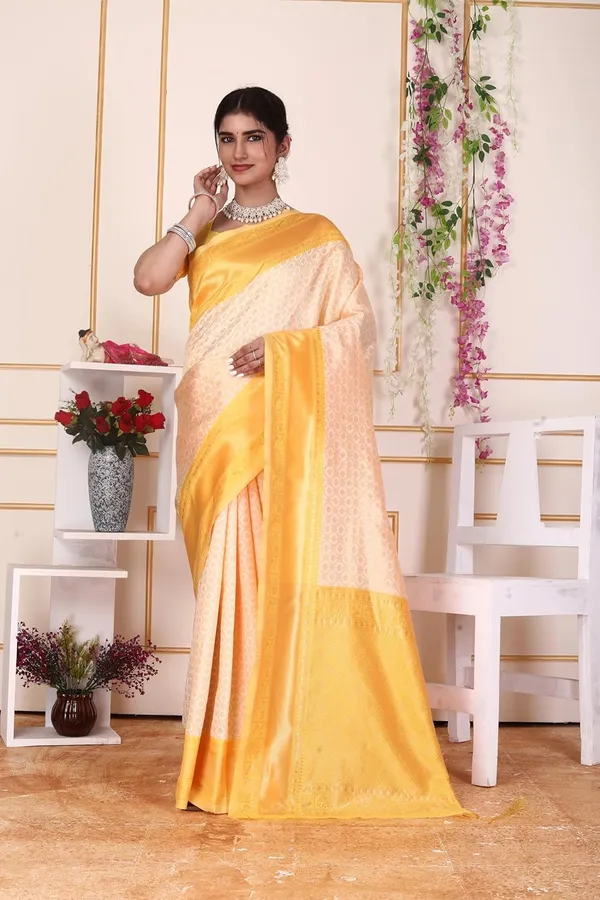 Peach_&_Yellow_Pure_Kanjivaram_Soft_Silk_Saree_With_Rich_Golden_Zari_Border_Peach_&_Yellow_Traditional_Saree_With_Blouse_Piece