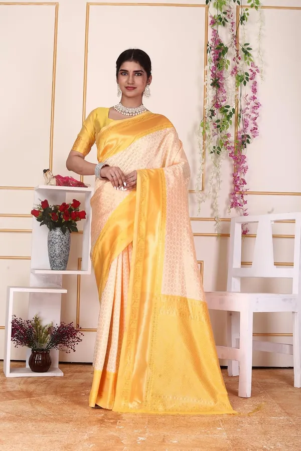 Peach_&_Yellow_Pure_Kanjivaram_Soft_Silk_Saree_With_Rich_Golden_Zari_Border_Peach_&_Yellow_Traditional_Saree_With_Blouse_Piece