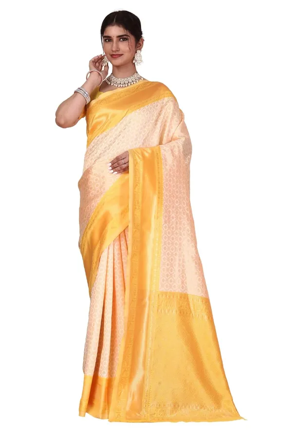 Peach_&_Yellow_Pure_Kanjivaram_Soft_Silk_Saree_With_Rich_Golden_Zari_Border_Peach_&_Yellow_Traditional_Saree_With_Blouse_Piece