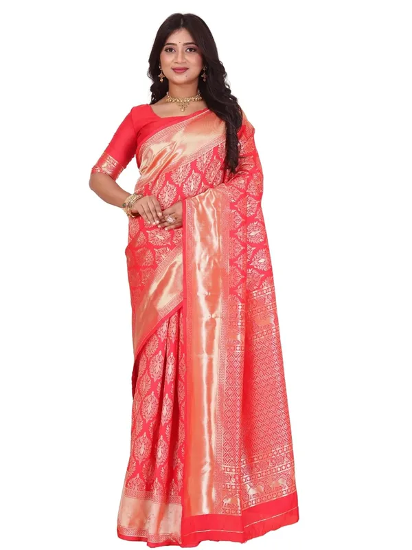 Red_&_Gold_Kanjivaram_Soft_Silk_Saree,_Traditional_Red_And_Gold_With_Zari_Border,_Wedding_Festival_Formal_Wear,_Includes_Matching_Blouse_Piece