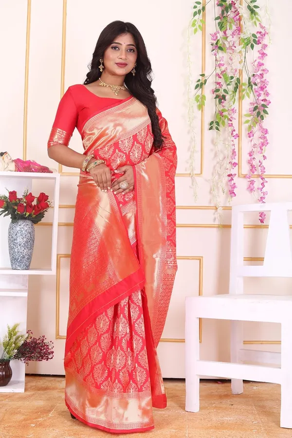 Red_&_Gold_Kanjivaram_Soft_Silk_Saree,_Traditional_Red_And_Gold_With_Zari_Border,_Wedding_Festival_Formal_Wear,_Includes_Matching_Blouse_Piece
