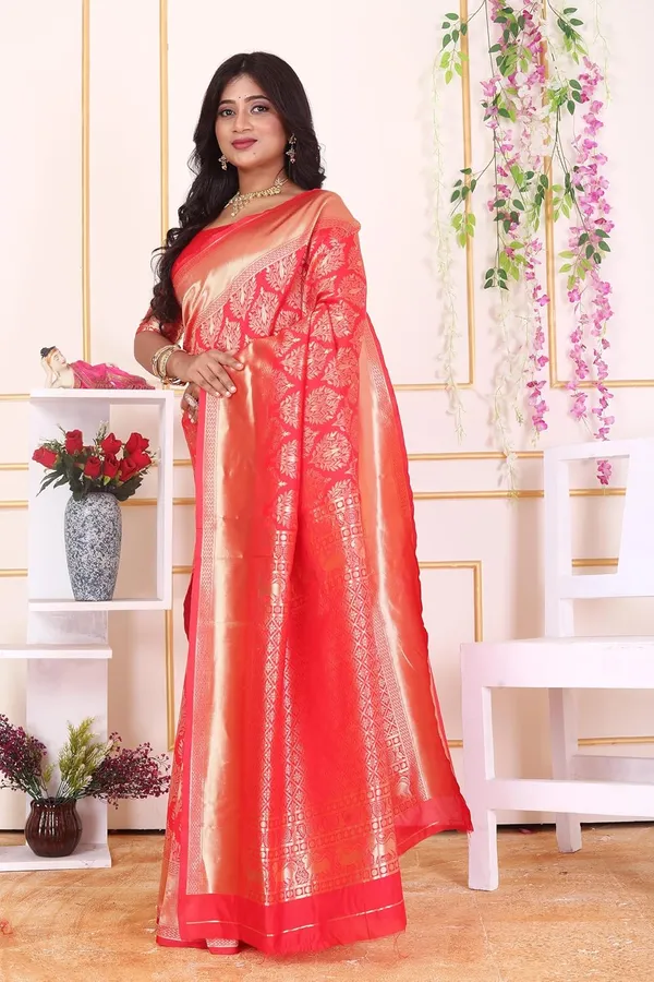 Red_&_Gold_Kanjivaram_Soft_Silk_Saree,_Traditional_Red_And_Gold_With_Zari_Border,_Wedding_Festival_Formal_Wear,_Includes_Matching_Blouse_Piece
