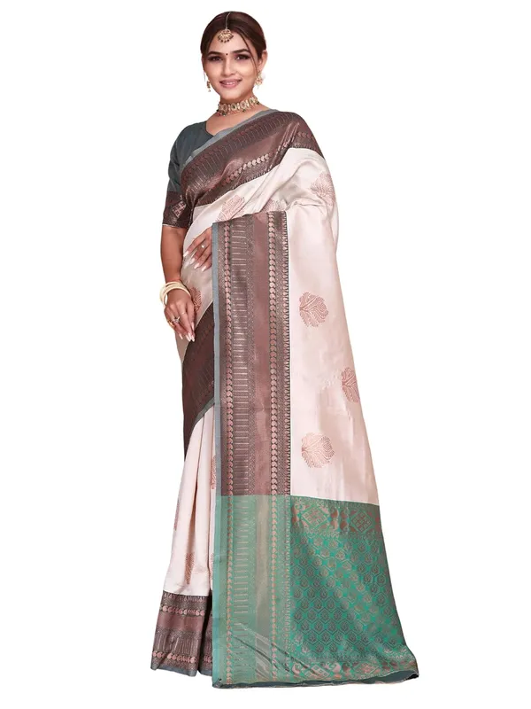 Multicolor_Kanjivaram_Soft_Silk_Saree_For_Women_Cream,_Brown_&_Green_Soft_Silk_Saree_With_Rich_Zari_Border_And_Pallu_With_Blouse_Piece