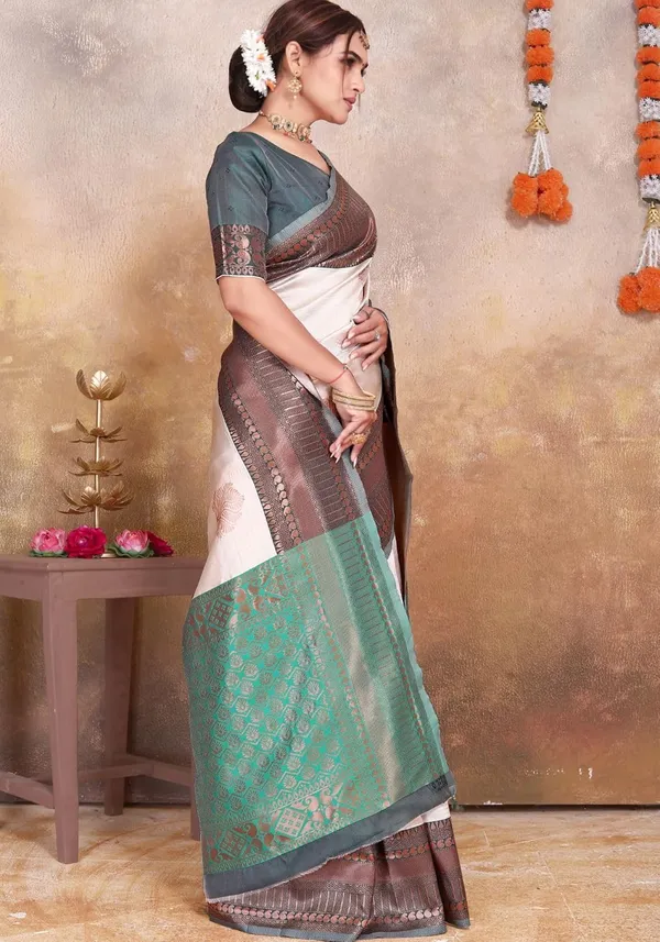 Multicolor_Kanjivaram_Soft_Silk_Saree_For_Women_Cream,_Brown_&_Green_Soft_Silk_Saree_With_Rich_Zari_Border_And_Pallu_With_Blouse_Piece