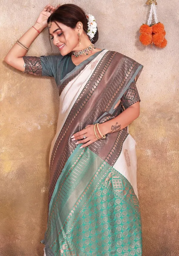 Multicolor_Kanjivaram_Soft_Silk_Saree_For_Women_Cream,_Brown_&_Green_Soft_Silk_Saree_With_Rich_Zari_Border_And_Pallu_With_Blouse_Piece