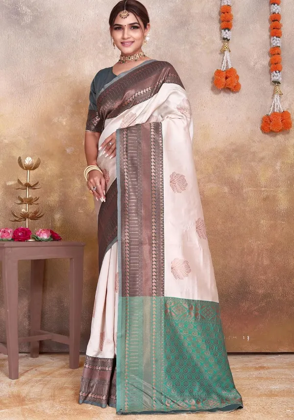 Multicolor_Kanjivaram_Soft_Silk_Saree_For_Women_Cream,_Brown_&_Green_Soft_Silk_Saree_With_Rich_Zari_Border_And_Pallu_With_Blouse_Piece