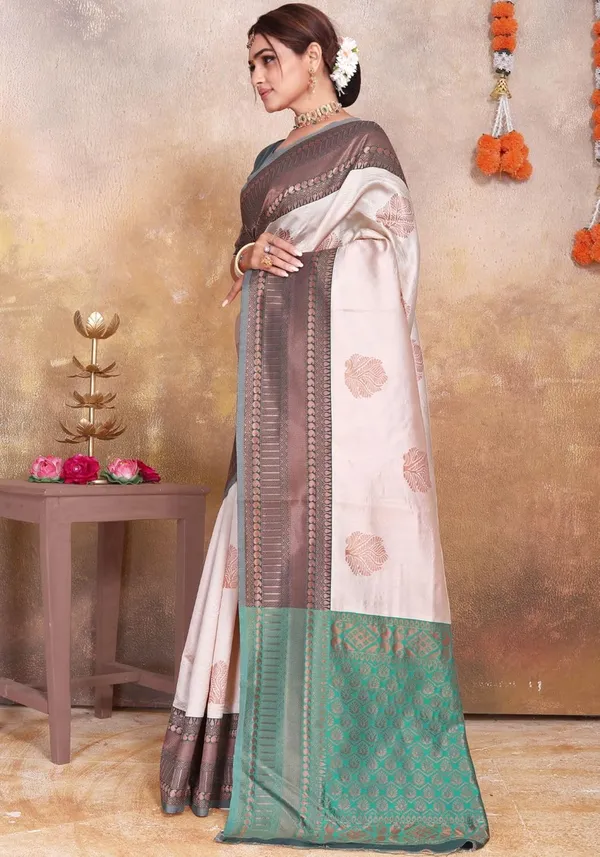 Multicolor_Kanjivaram_Soft_Silk_Saree_For_Women_Cream,_Brown_&_Green_Soft_Silk_Saree_With_Rich_Zari_Border_And_Pallu_With_Blouse_Piece