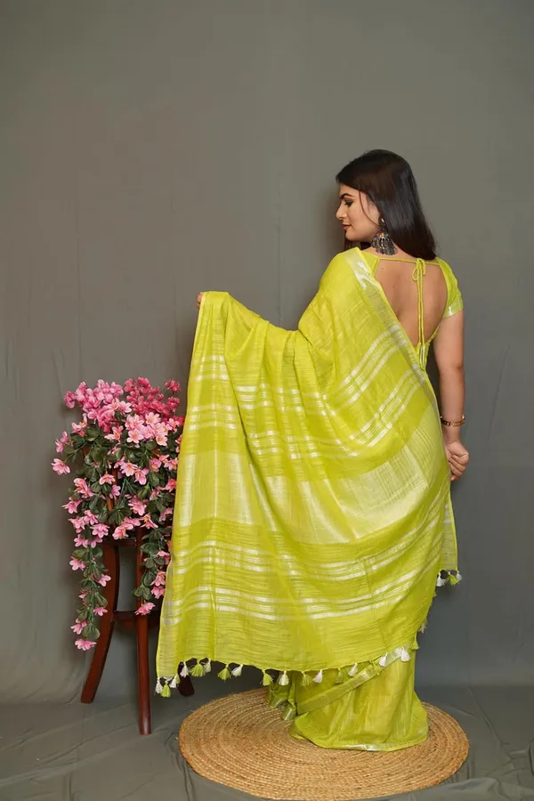 Lime_Green_Cotton_Saree_With_Silver_Zari_Border_Soft_Cotton_Saree_With_Blouse_Piece