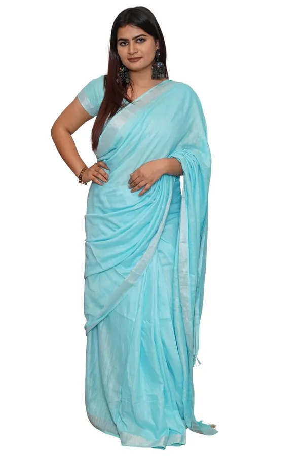 Skyblue_Cotton_Saree_With_Silver_Zari_Border_Soft_Cotton_Saree_With_Blouse_Piece
