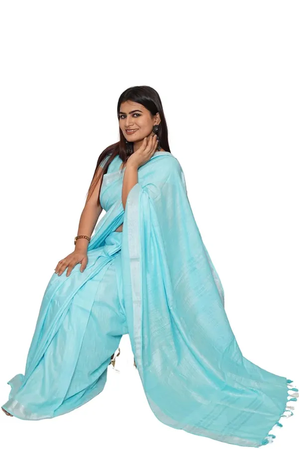 Skyblue_Cotton_Saree_With_Silver_Zari_Border_Soft_Cotton_Saree_With_Blouse_Piece