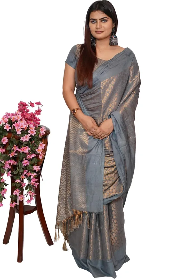Grey_Grey_Cotton_Saree_With_Golden_Zari_Border_And_Tassel_Pallu_|_Soft_Lightweight_Saree_With_Blouse_Piece