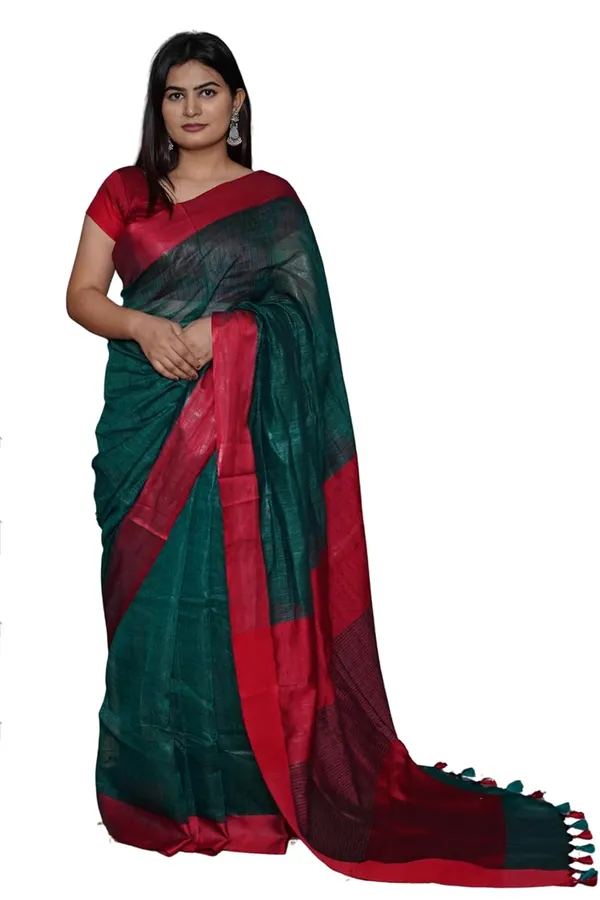 Green_&_Maroon_Cotton_Saree_Bottle_Green_&_Maroon_Dual_Tone_Saree_With_Tassel_Pallu_|_Soft_Lightweight_Saree_With_Blouse_Piece