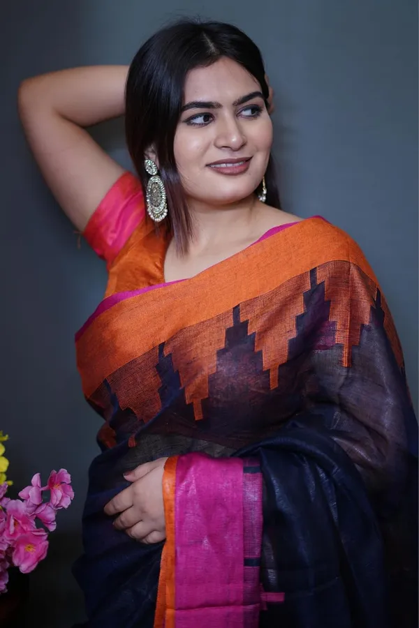 Multicolor_Cotton_Saree_Dual_Tone_Orange,_Pink_&_Navy_Blue_With_Tassel_Detailing_|_Soft_Lightweight_Traditional_Saree_With_Blouse