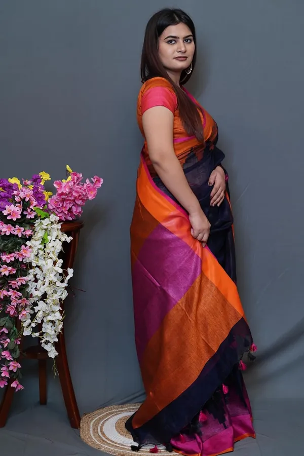 Multicolor_Cotton_Saree_Dual_Tone_Orange,_Pink_&_Navy_Blue_With_Tassel_Detailing_|_Soft_Lightweight_Traditional_Saree_With_Blouse