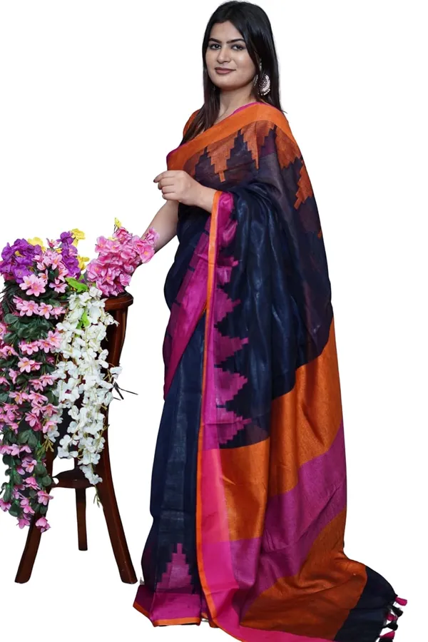 Multicolor_Cotton_Saree_Dual_Tone_Orange,_Pink_&_Navy_Blue_With_Tassel_Detailing_|_Soft_Lightweight_Traditional_Saree_With_Blouse