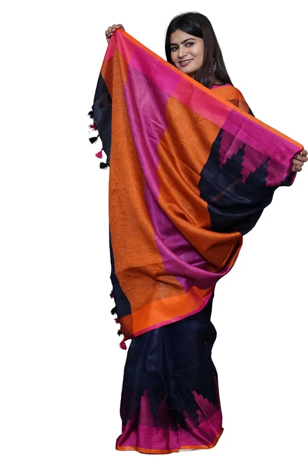 Multicolor_Cotton_Saree_Dual_Tone_Orange,_Pink_&_Navy_Blue_With_Tassel_Detailing_|_Soft_Lightweight_Traditional_Saree_With_Blouse