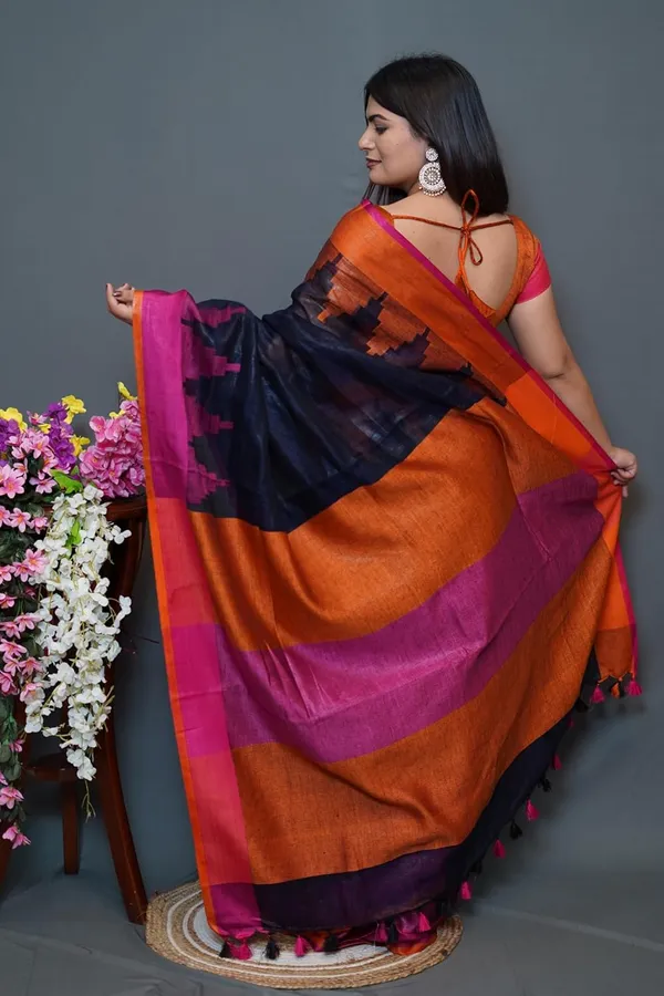 Multicolor_Cotton_Saree_Dual_Tone_Orange,_Pink_&_Navy_Blue_With_Tassel_Detailing_|_Soft_Lightweight_Traditional_Saree_With_Blouse