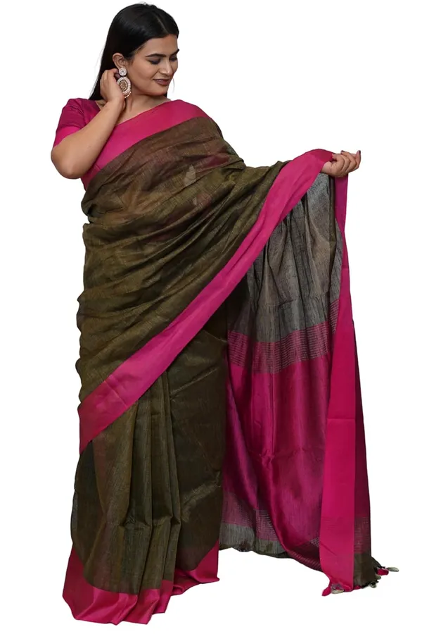 Olive_Green_&_Pink_Cotton_Saree_Olive_Green_&_Pink_Dual_Tone_Saree_With_Tassel_Pallu_|_Soft_Lightweight_Saree_With_Blouse_Piece
