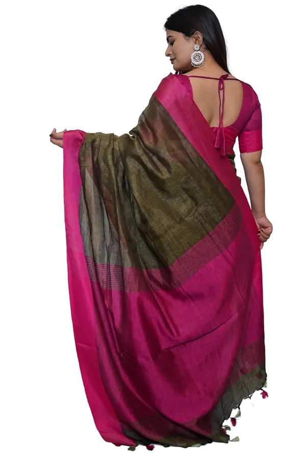 Olive_Green_&_Pink_Cotton_Saree_Olive_Green_&_Pink_Dual_Tone_Saree_With_Tassel_Pallu_|_Soft_Lightweight_Saree_With_Blouse_Piece