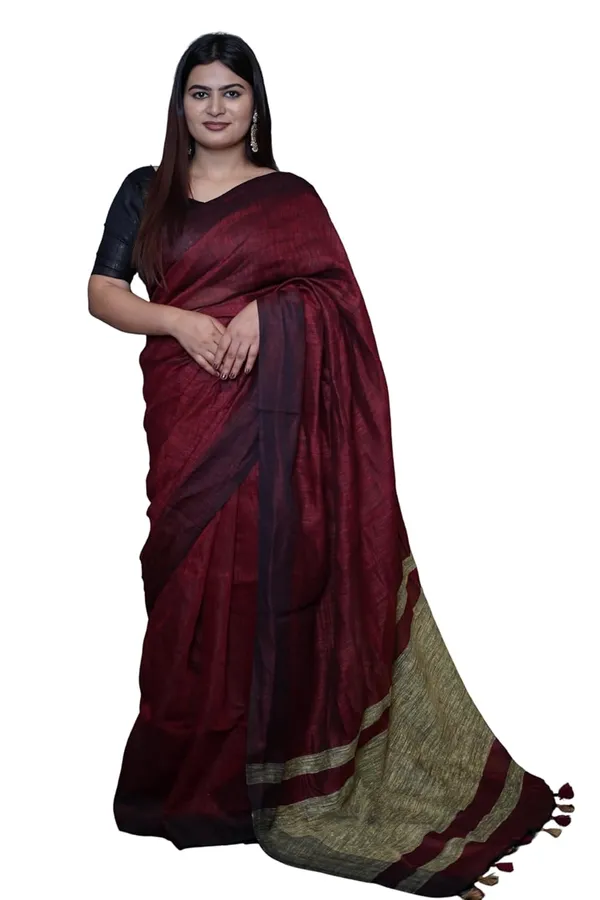 Maroon_&_Black_Cotton_Saree_Maroon_And_Black_Dual_Tone_Saree_With_Golden_Border_&_Tassel_Pallu_With_Blouse_Piece