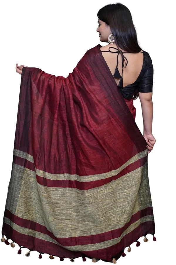 Maroon_&_Black_Cotton_Saree_Maroon_And_Black_Dual_Tone_Saree_With_Golden_Border_&_Tassel_Pallu_With_Blouse_Piece