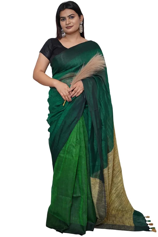 Green_&_Olive_Cotton_Saree_Dark_Green_&_Olive_Dual_Tone_Saree_With_Golden_Border_And_Tassel_Pallu_With_Blouse_Piece